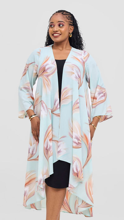 Vivo Maisha Long Sleeve High Low Kimono - Mint / Beige Tawi Print - Shopzetu