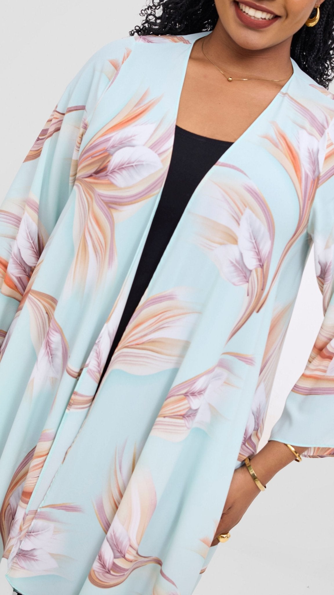 Vivo Maisha Long Sleeve High Low Kimono - Mint / Beige Tawi Print - Shopzetu