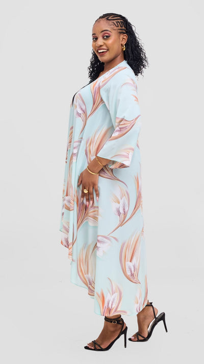 Vivo Maisha Long Sleeve High Low Kimono - Mint / Beige Tawi Print - Shopzetu