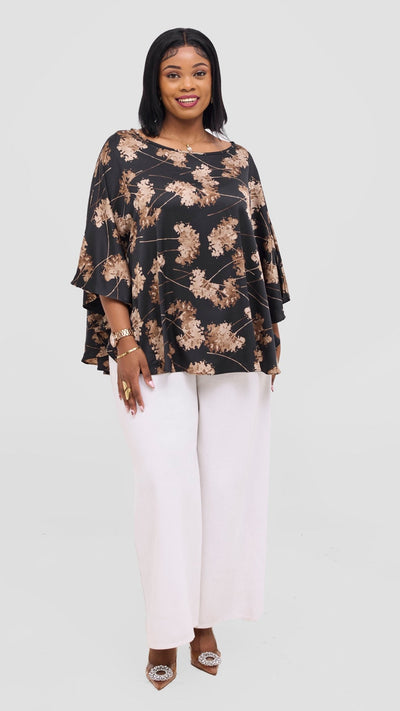 Vivo Keza Circular Loose Top - Black / Taupe Aez Print - Shopzetu