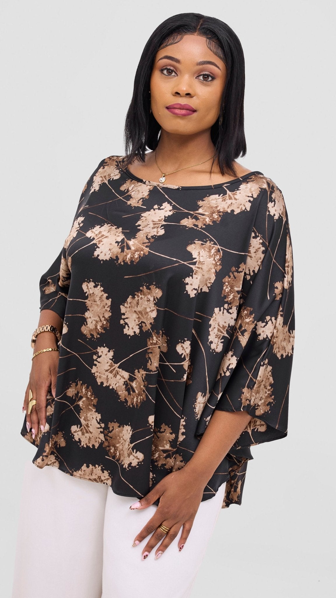 Vivo Keza Circular Loose Top - Black / Taupe Aez Print - Shopzetu