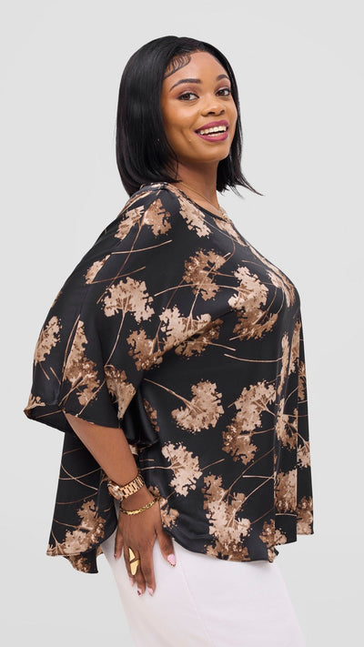 Vivo Keza Circular Loose Top - Black / Taupe Aez Print - Shopzetu