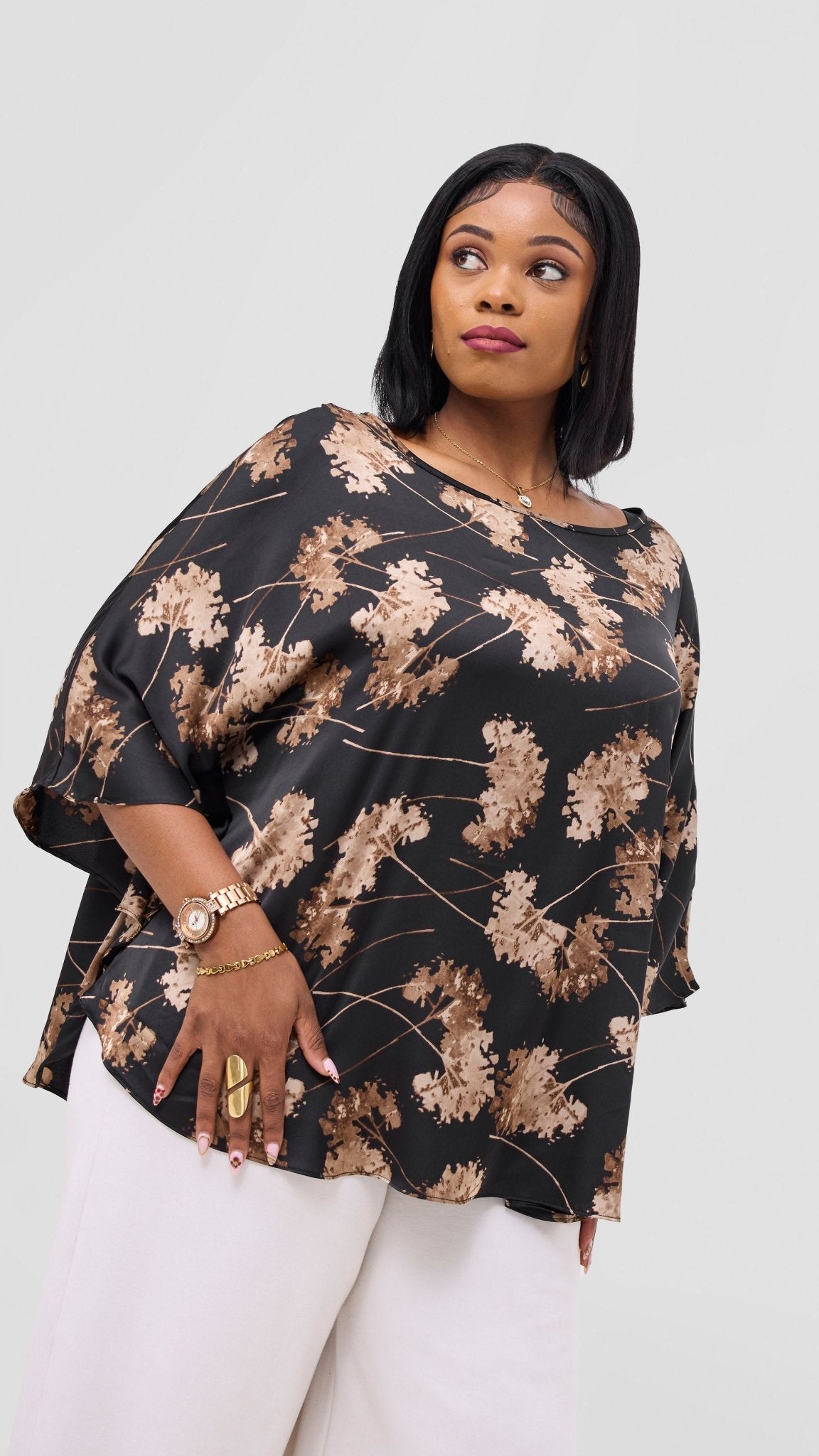 Vivo Keza Circular Loose Top - Black / Taupe Aez Print - Shopzetu