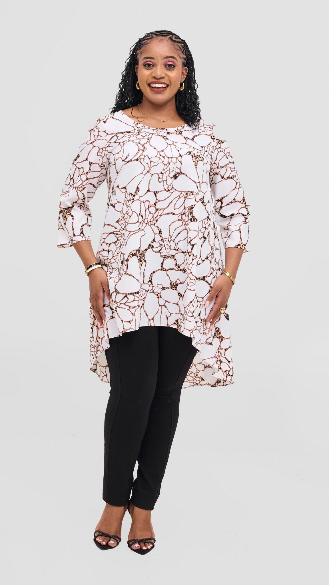 Vivo Maisha 3/4 Sleeve High Low Top - Off White / Dark Peach Print - Shopzetu