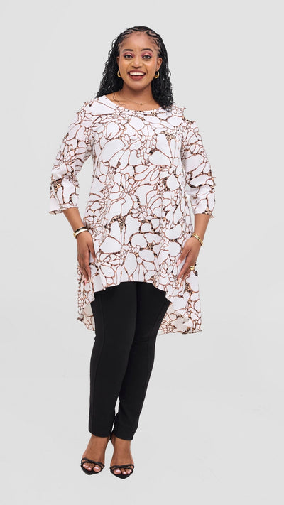 Vivo Maisha 3/4 Sleeve High Low Top - Off White / Dark Peach Print - Shopzetu