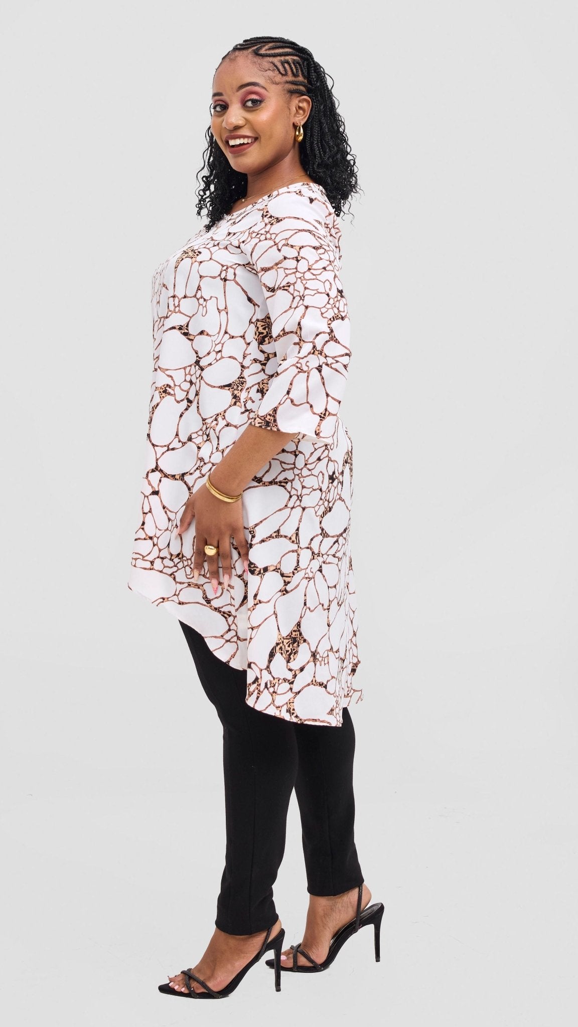 Vivo Maisha 3/4 Sleeve High Low Top - Off White / Dark Peach Print - Shopzetu