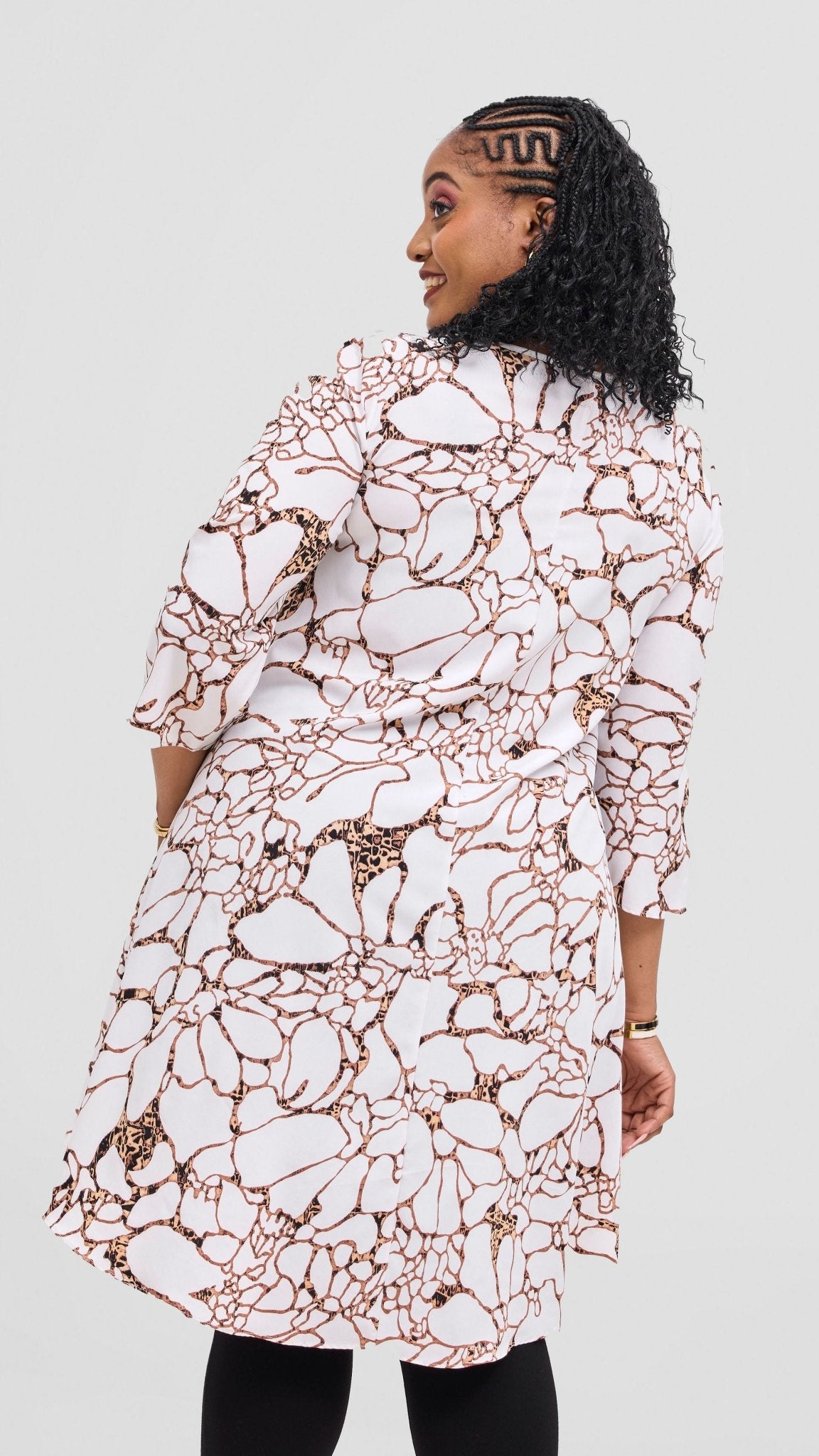 Vivo Maisha 3/4 Sleeve High Low Top - Off White / Dark Peach Print - Shopzetu