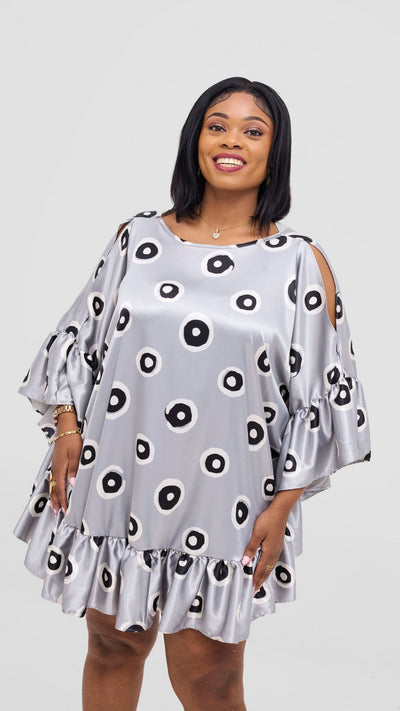 Vivo Chidii Tunic Dress With Frills - Grey / White Print - Shopzetu