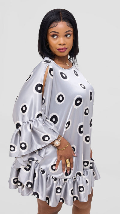 Vivo Chidii Tunic Dress With Frills - Grey / White Print - Shopzetu