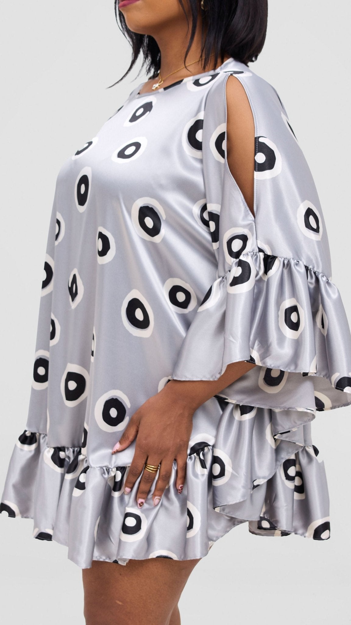 Vivo Chidii Tunic Dress With Frills - Grey / White Print - Shopzetu
