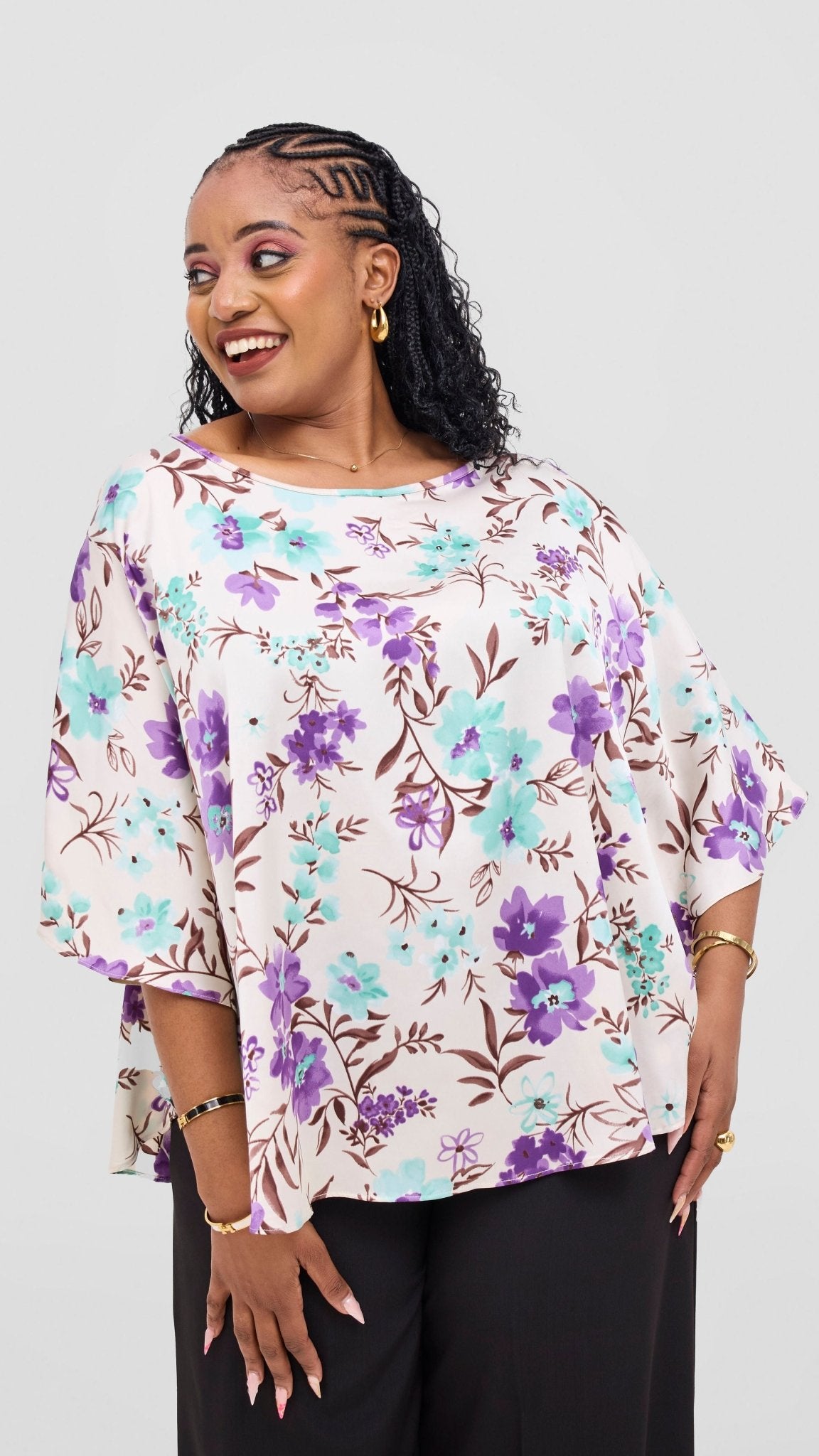 Vivo Keza Circular Loose Top - Cream / Green Floral Print - Shopzetu