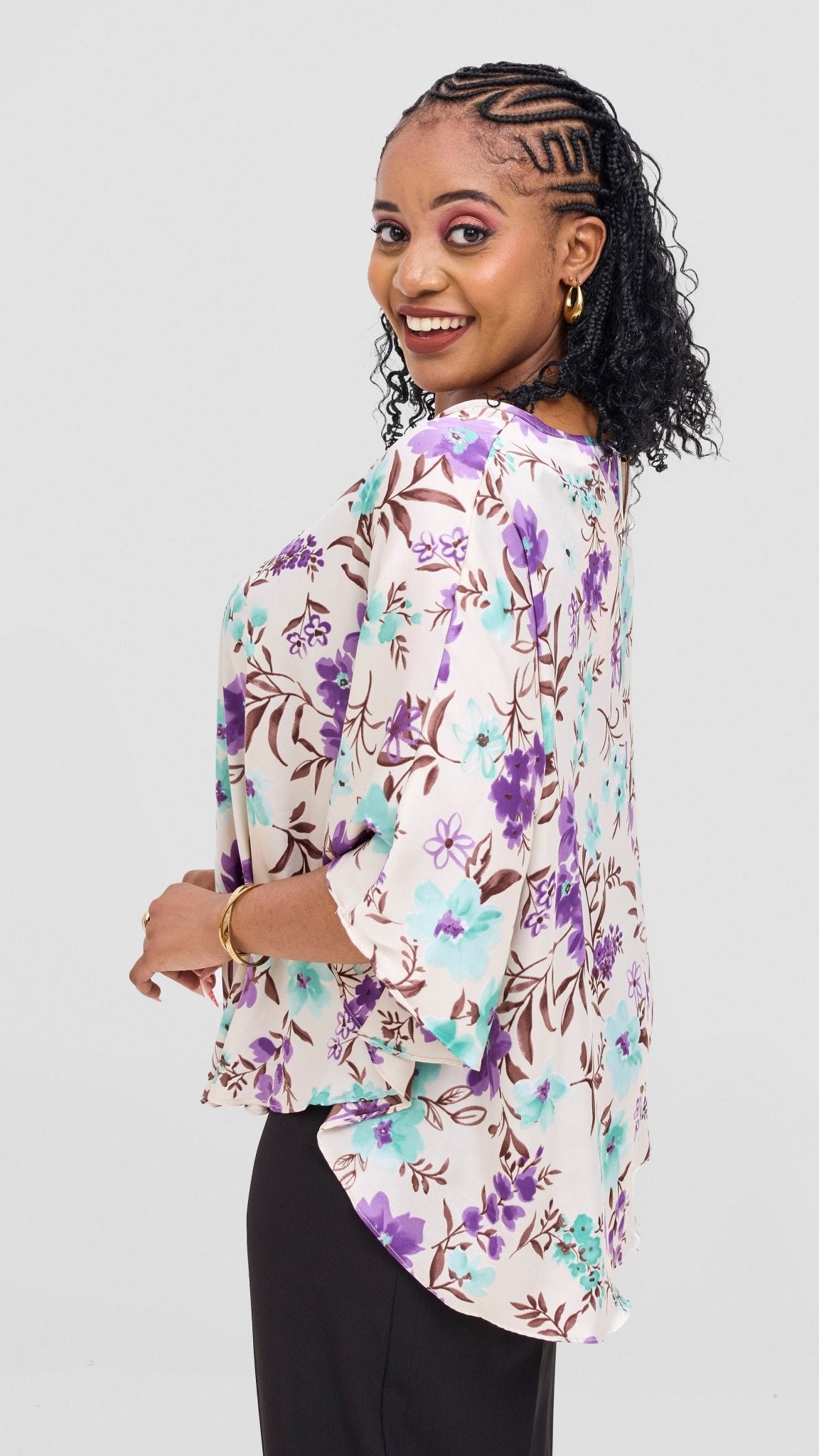 Vivo Keza Circular Loose Top - Cream / Green Floral Print - Shopzetu