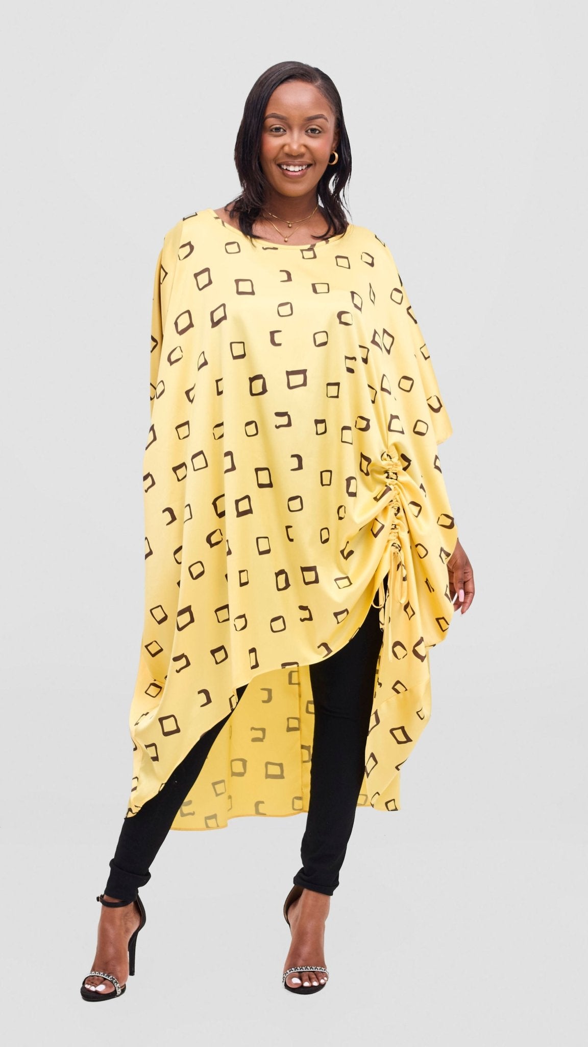 Vivo Samira Drawstring Top - Dark Brown / Light Yellow Nita Print - Shopzetu