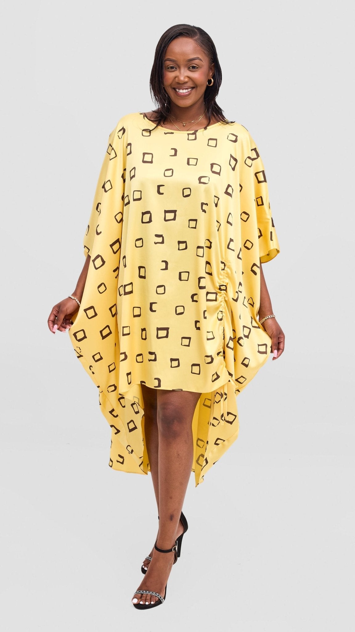 Vivo Samira Drawstring Top - Dark Brown / Light Yellow Nita Print - Shopzetu