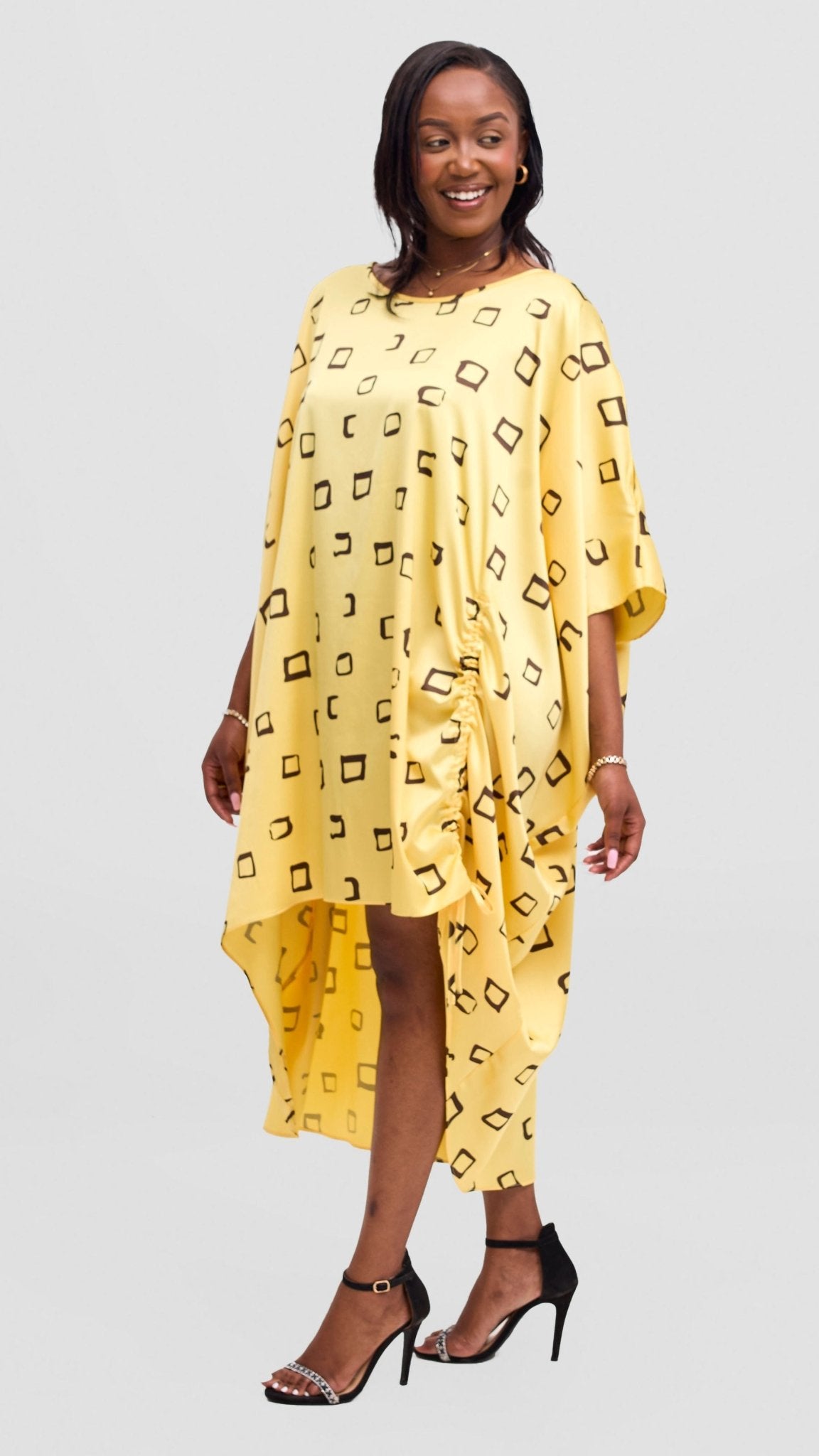 Vivo Samira Drawstring Top - Dark Brown / Light Yellow Nita Print - Shopzetu