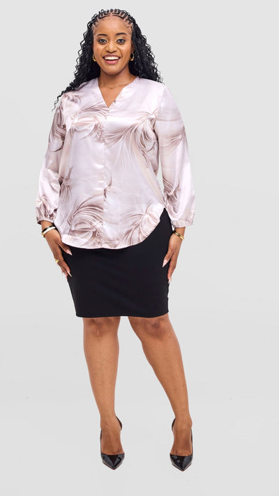Vivo Dua Satin Bishop Sleeve Top - White / Grey Print - Shopzetu
