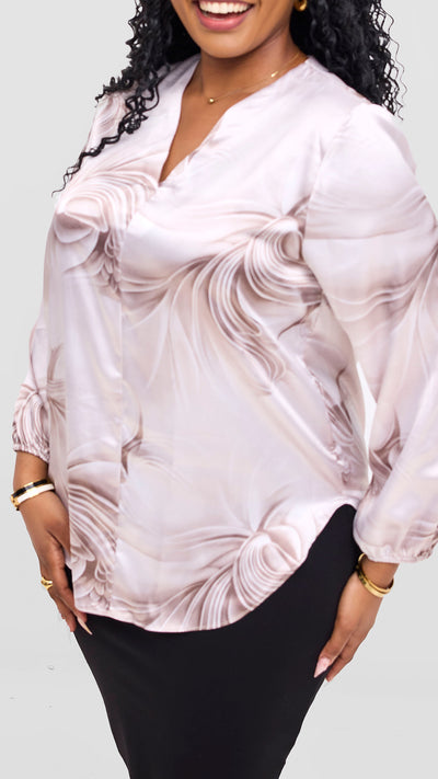 Vivo Dua Satin Bishop Sleeve Top - White / Grey Print