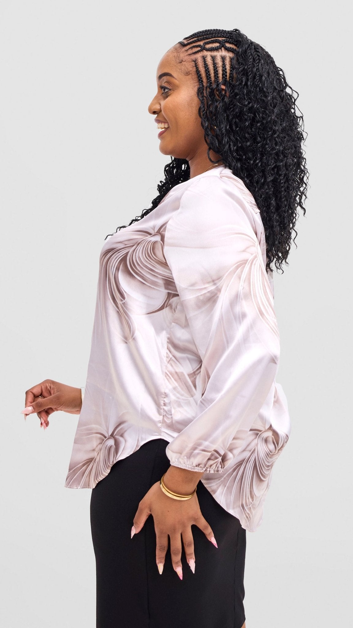 Vivo Dua Satin Bishop Sleeve Top - White / Grey Print - Shopzetu