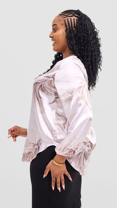 Vivo Dua Satin Bishop Sleeve Top - White / Grey Print - Shopzetu