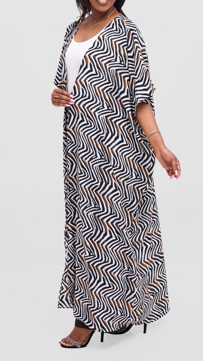 Vivo Maisha Wide Kimono - Black / Off - white Print - Shopzetu