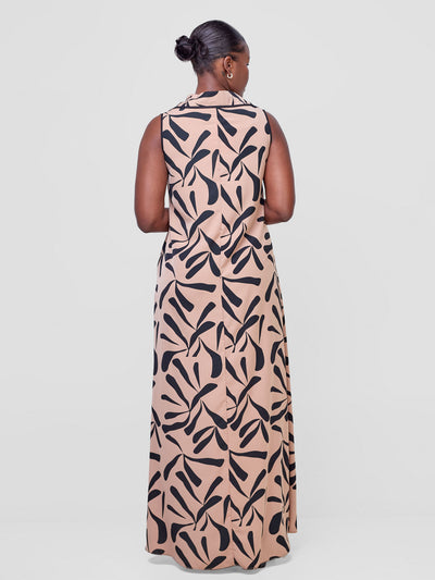 Vivo Asha Sleeveless Maxi Dress - Taupe / Black Tuli Print