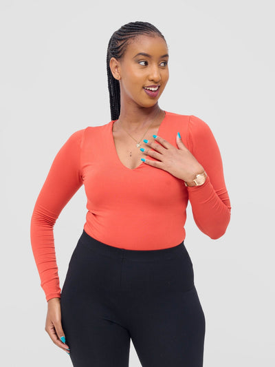 Vivo Basic Double Layered Long Sleeved Bodysuit - Rust - Shopzetu