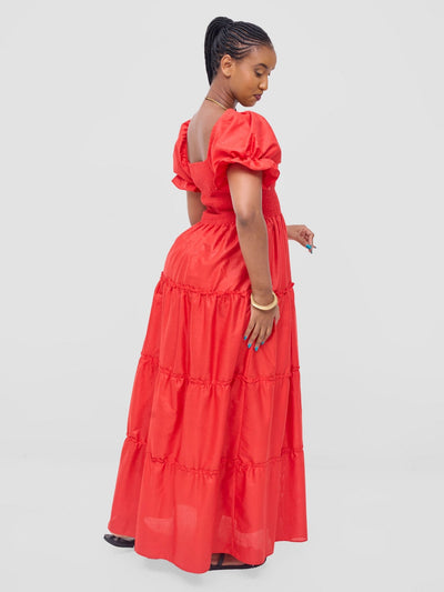 Safari Kikoy Shirred Top Maxi Dress - Red - Shopzetu