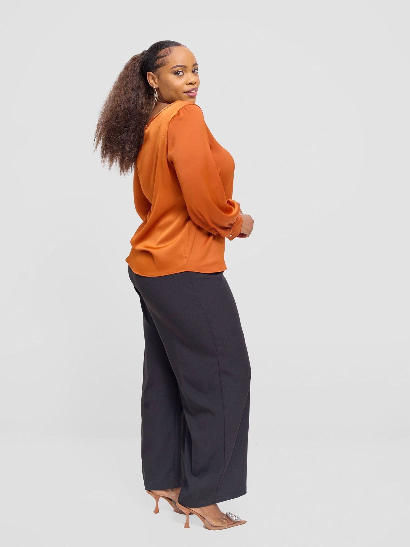 Vivo Tatili Satin Bishop Long Sleeve Top - Rust Textured - Shopzetu