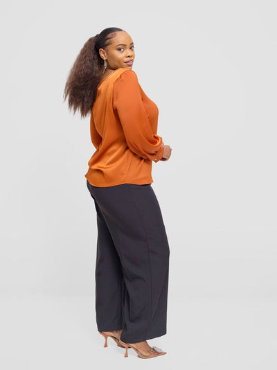 Vivo Tatili Satin Bishop Long Sleeve Top - Rust Textured - Shopzetu