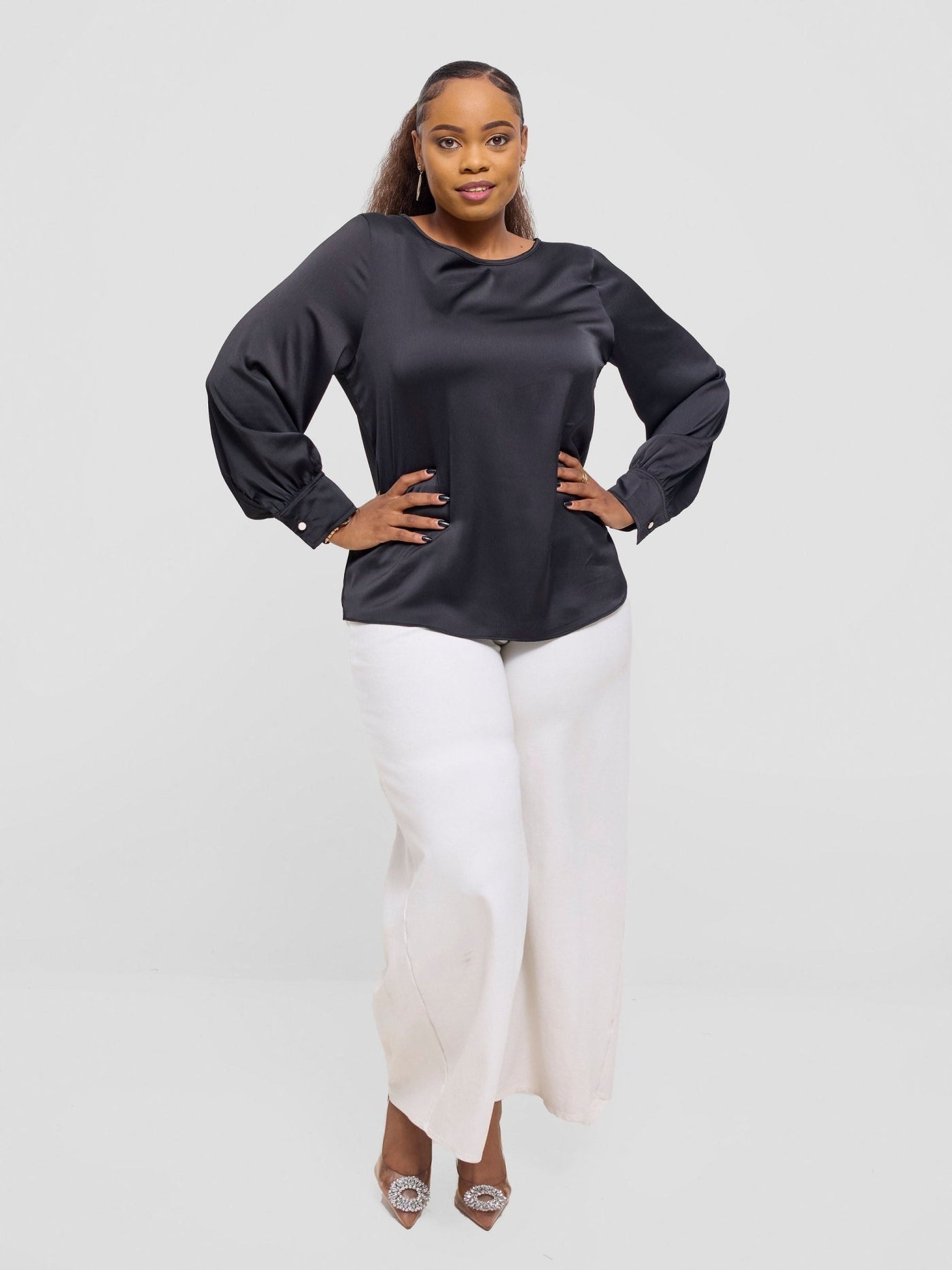 Vivo Tatili Bishop Long Sleeve Top - Black Textured - Shopzetu