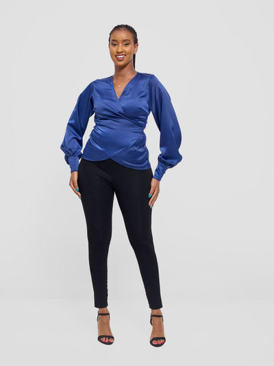 Vivo Merika Satin Wrap Top - Navy - Shopzetu