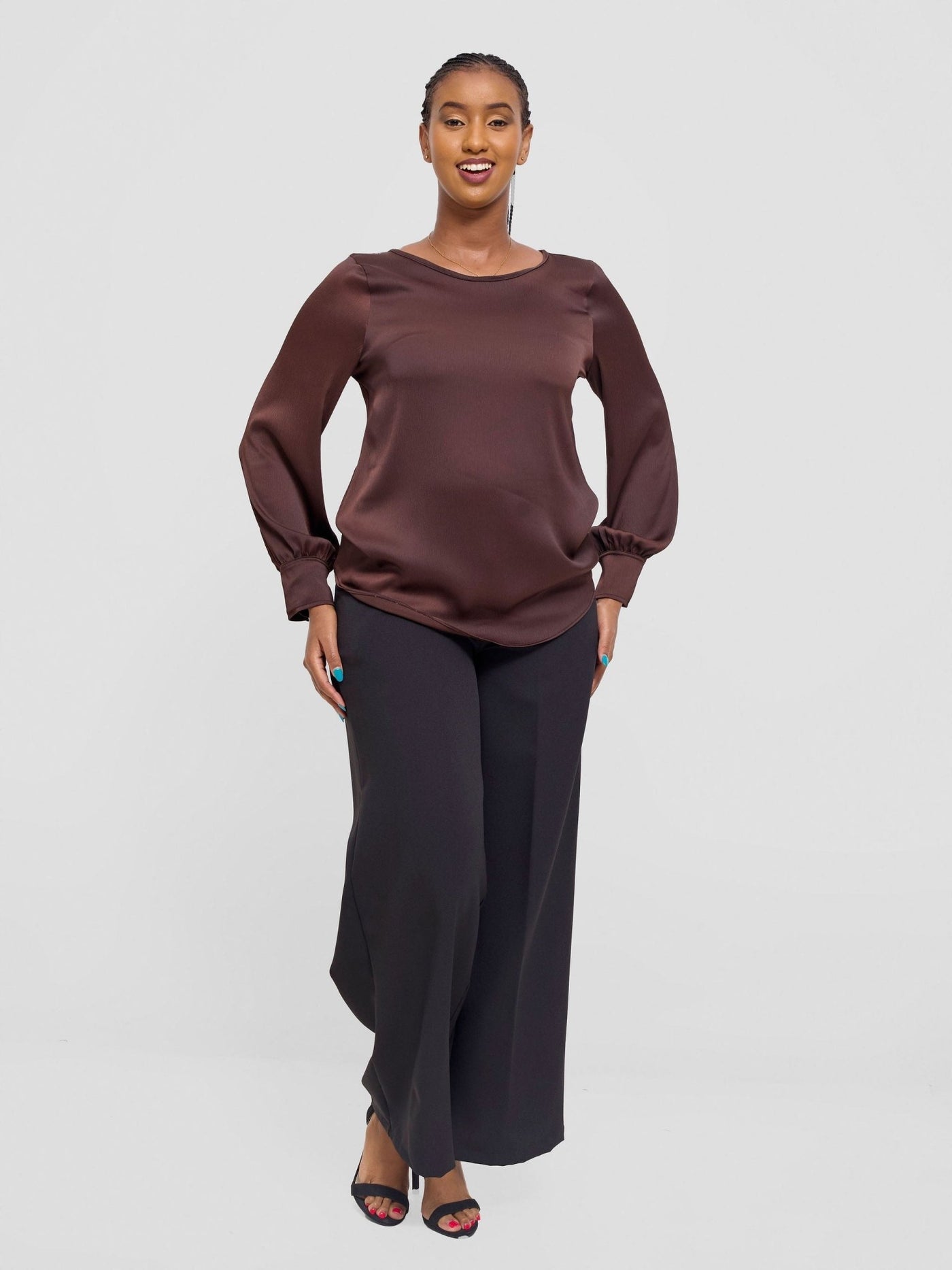 Vivo Tatili Satin Bishop Long Sleeve Top - Chocolate Textured - Shopzetu
