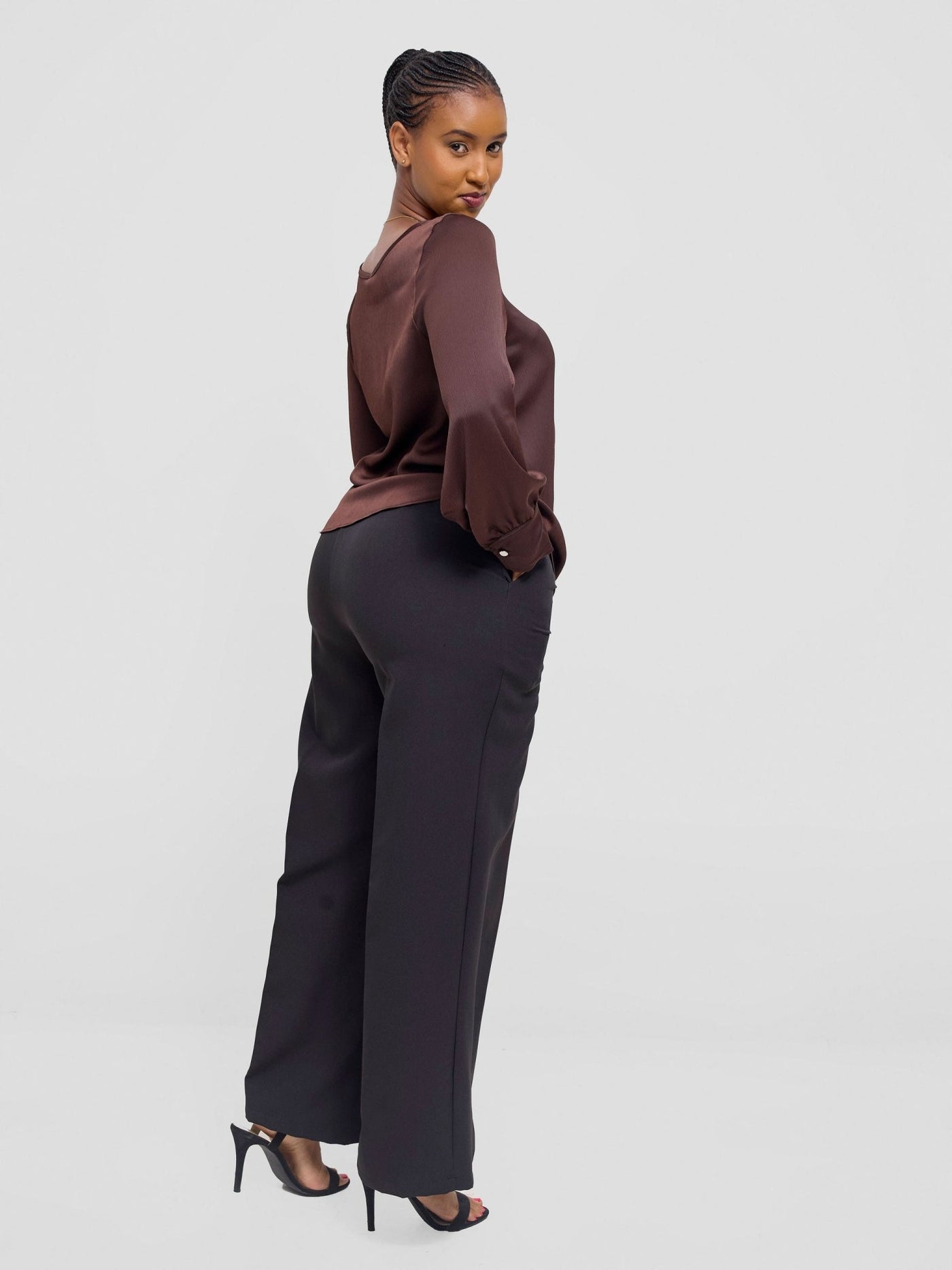 Vivo Tatili Satin Bishop Long Sleeve Top - Chocolate Textured - Shopzetu
