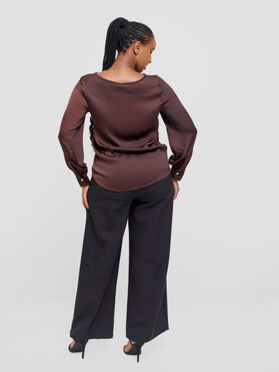 Vivo Tatili Satin Bishop Long Sleeve Top - Chocolate Textured - Shopzetu