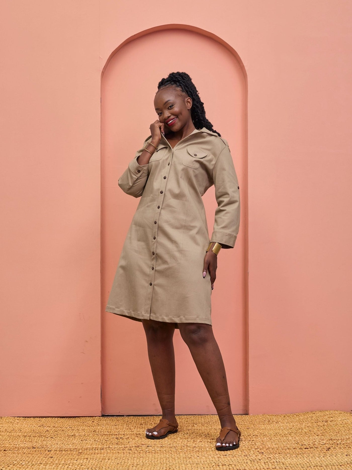 Safari Chui 3/4 Sleeve A - Line Dress - Taupe - Shopzetu