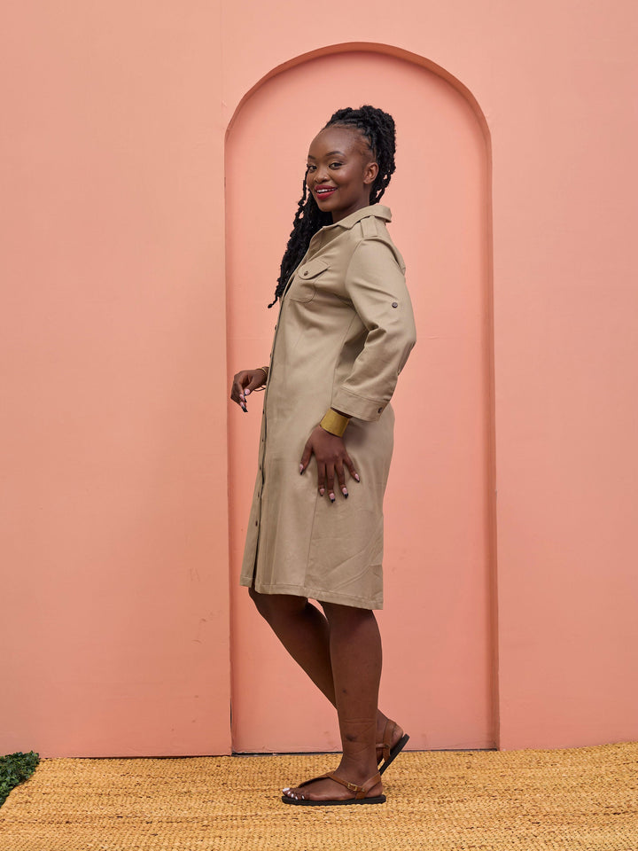 Safari Chui 3/4 Sleeve A-Line Dress - Taupe