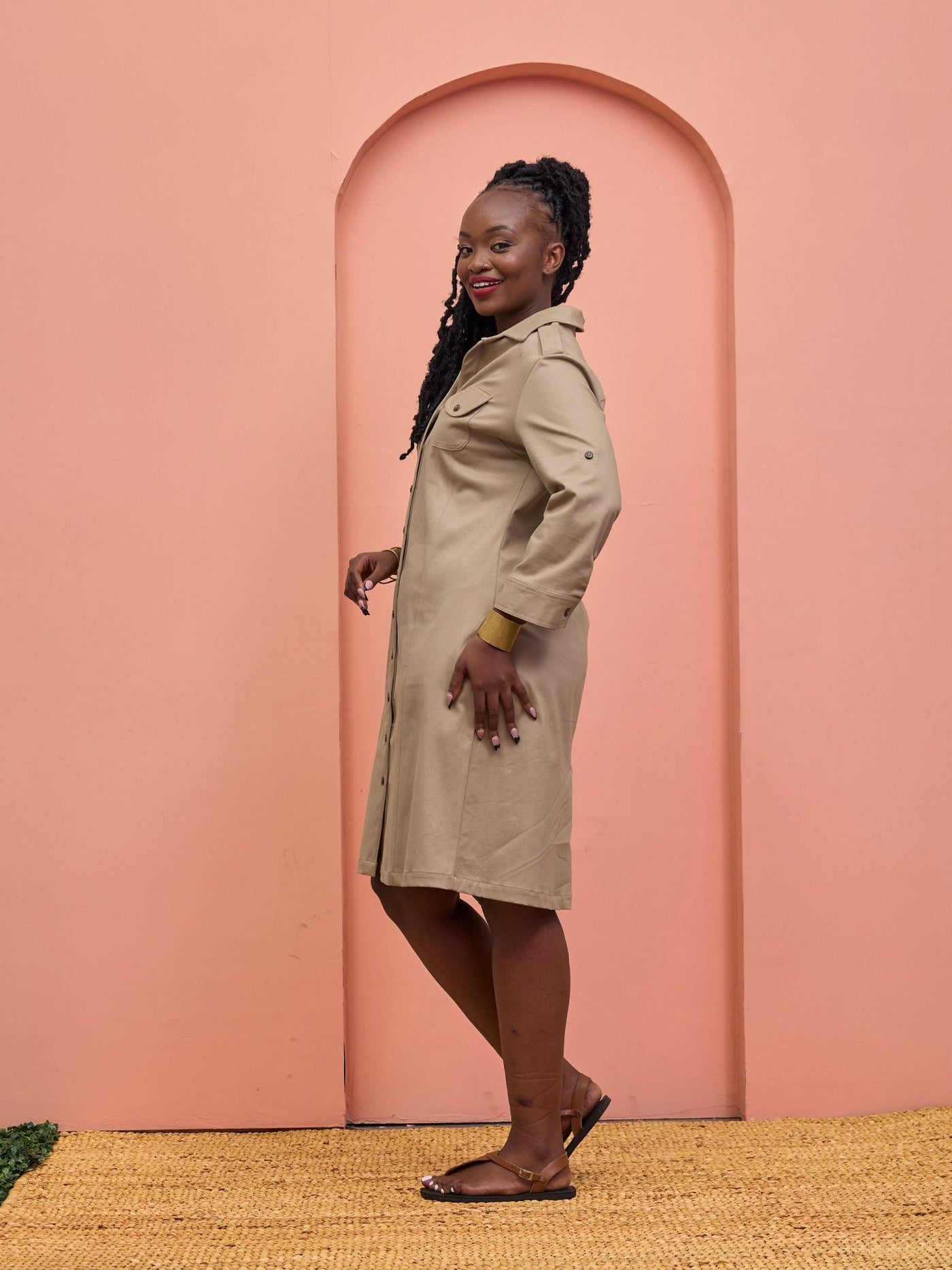 Safari Chui 3/4 Sleeve A - Line Dress - Taupe - Shopzetu