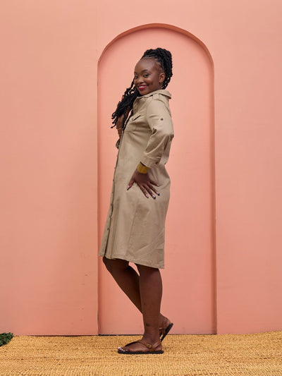 Safari Chui 3/4 Sleeve A - Line Dress - Taupe - Shopzetu