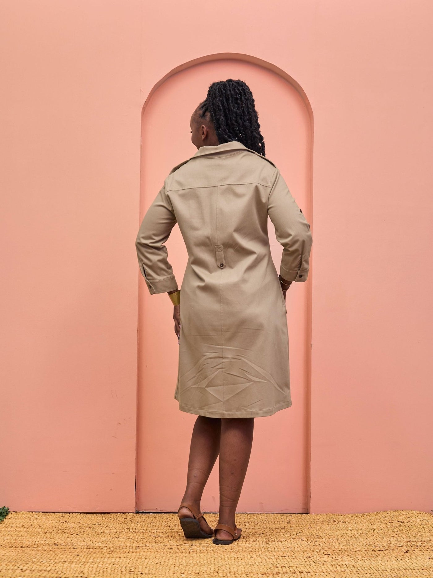 Safari Chui 3/4 Sleeve A - Line Dress - Taupe - Shopzetu