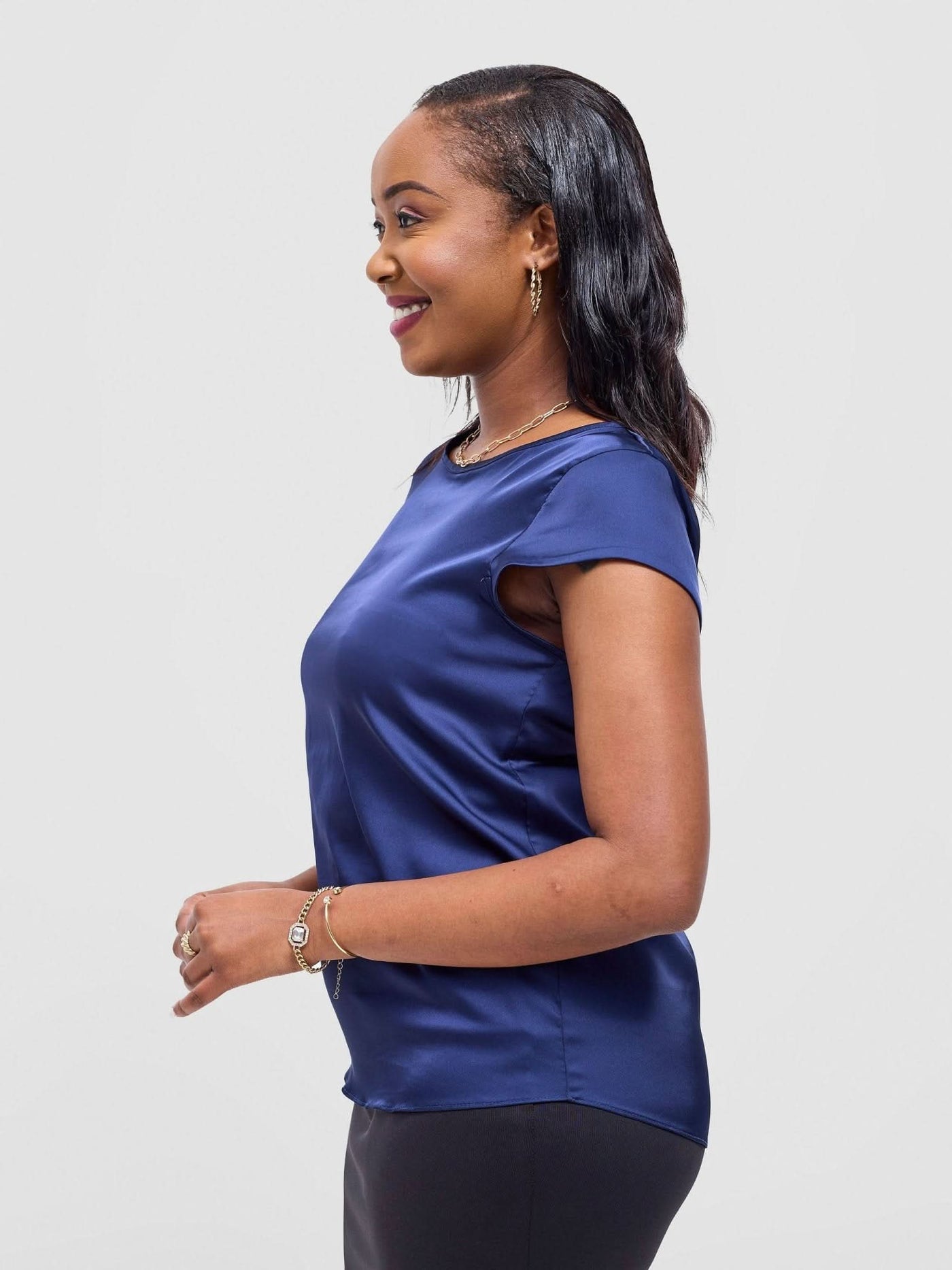 Vivo Basic Satin Cap Sleeve Top - Navy Blue - Shopzetu