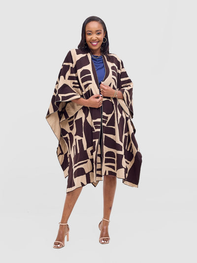 Vivo Reversible Poncho without Fringes - Coffee Brown / Taupe Samba Print - Shopzetu