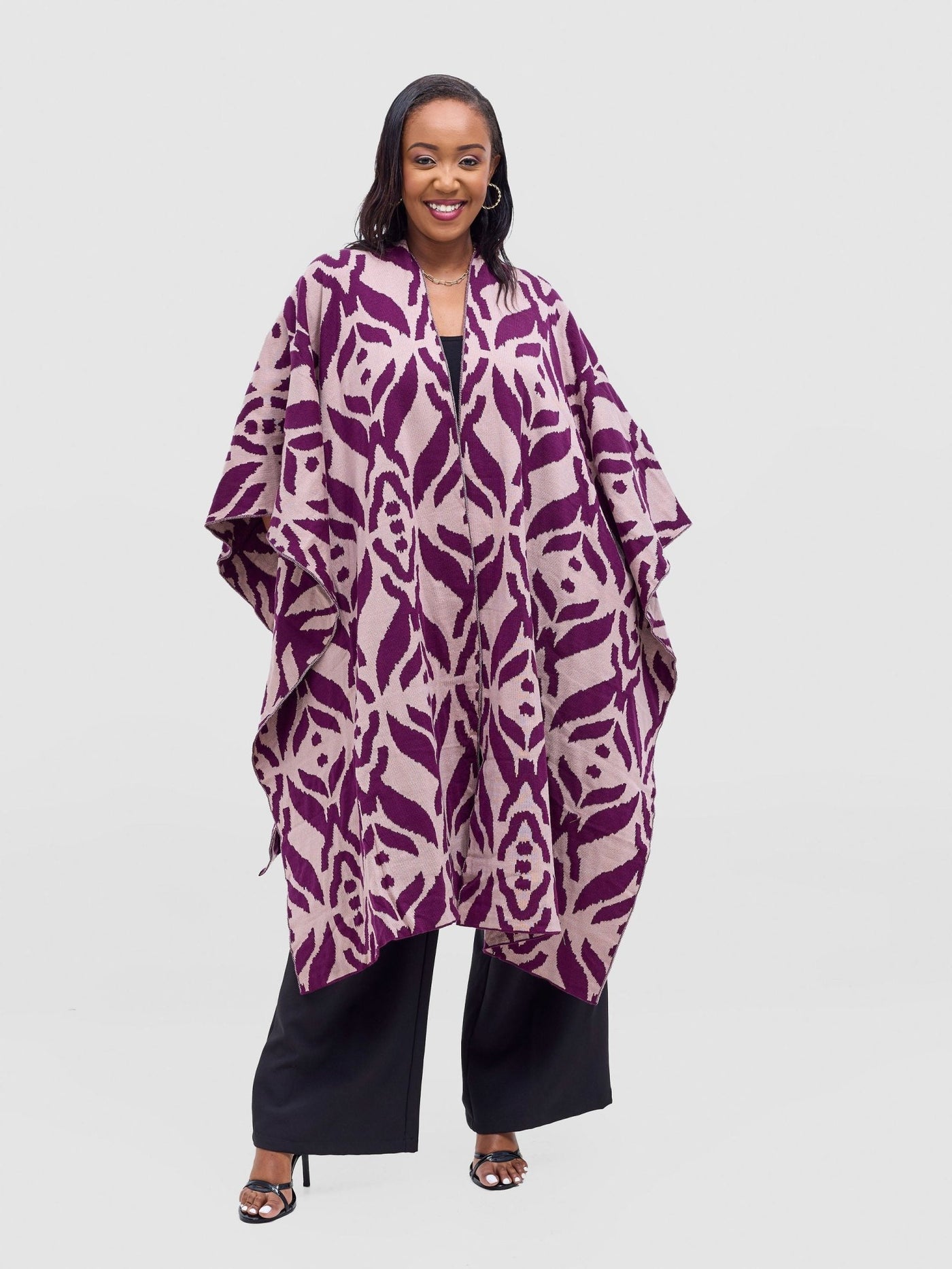 Vivo Reversible Poncho without Fringes - Plum / Champagne Ukwi Print - Shopzetu
