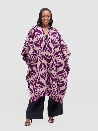 Vivo Reversible Poncho without Fringes - Plum / Champagne Ukwi Print - Shopzetu