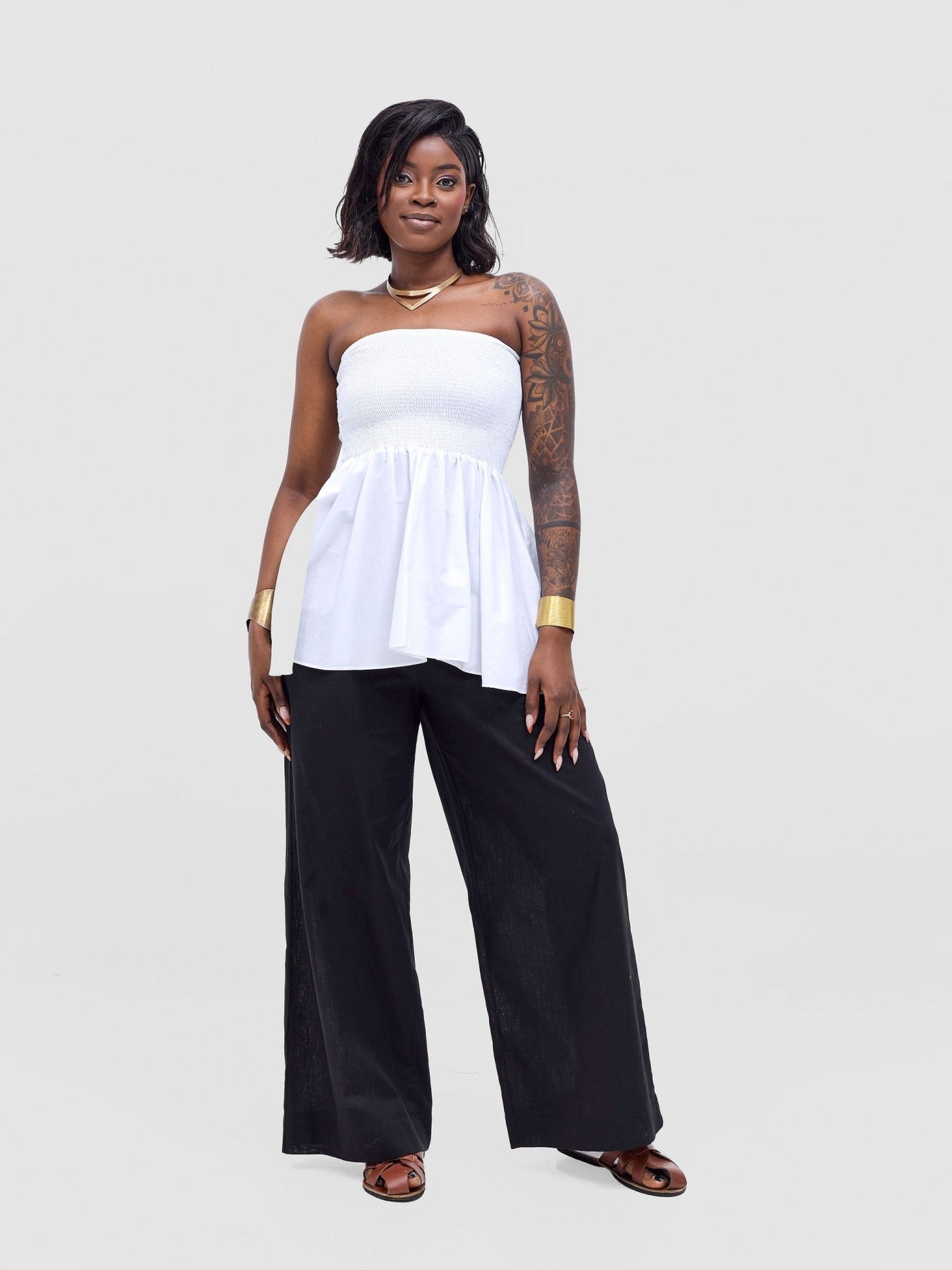 Safari Tiwa Shirred Top - White - Shopzetu