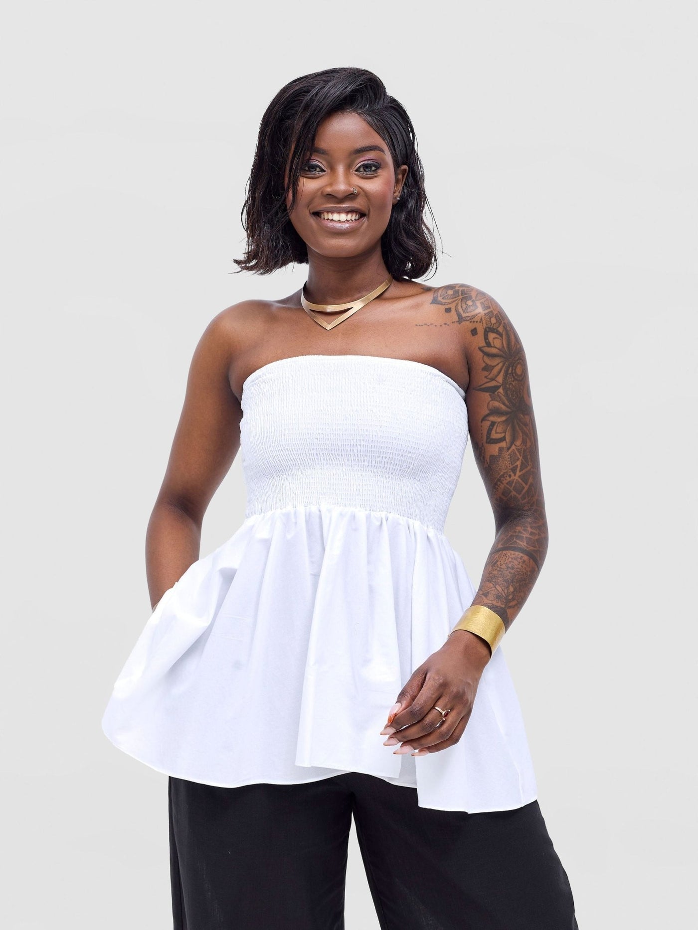 Safari Tiwa Shirred Top - White - Shopzetu