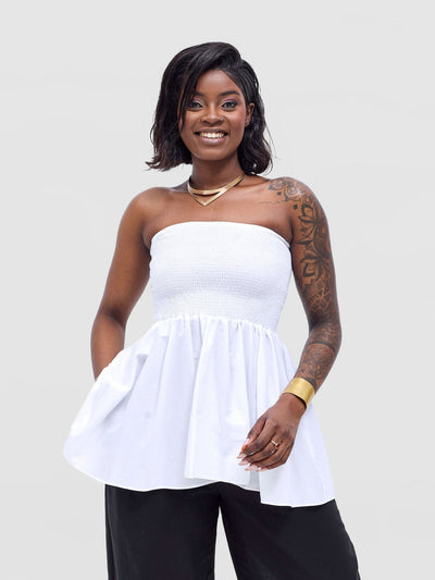 Safari Tiwa Shirred Top - White - Shopzetu