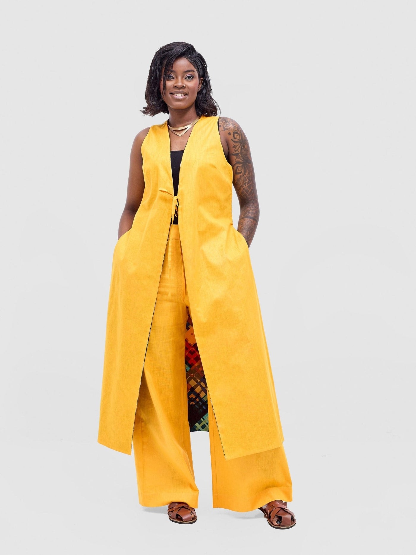 Safari Tiwa Reversible Tie Kimono - Mustard + Zuri Print - Shopzetu