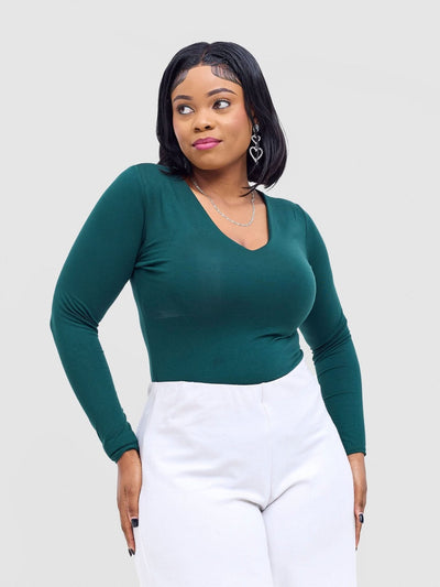 Vivo Basic Double Layered Long Sleeved Bodysuit - Dark Green - Shopzetu