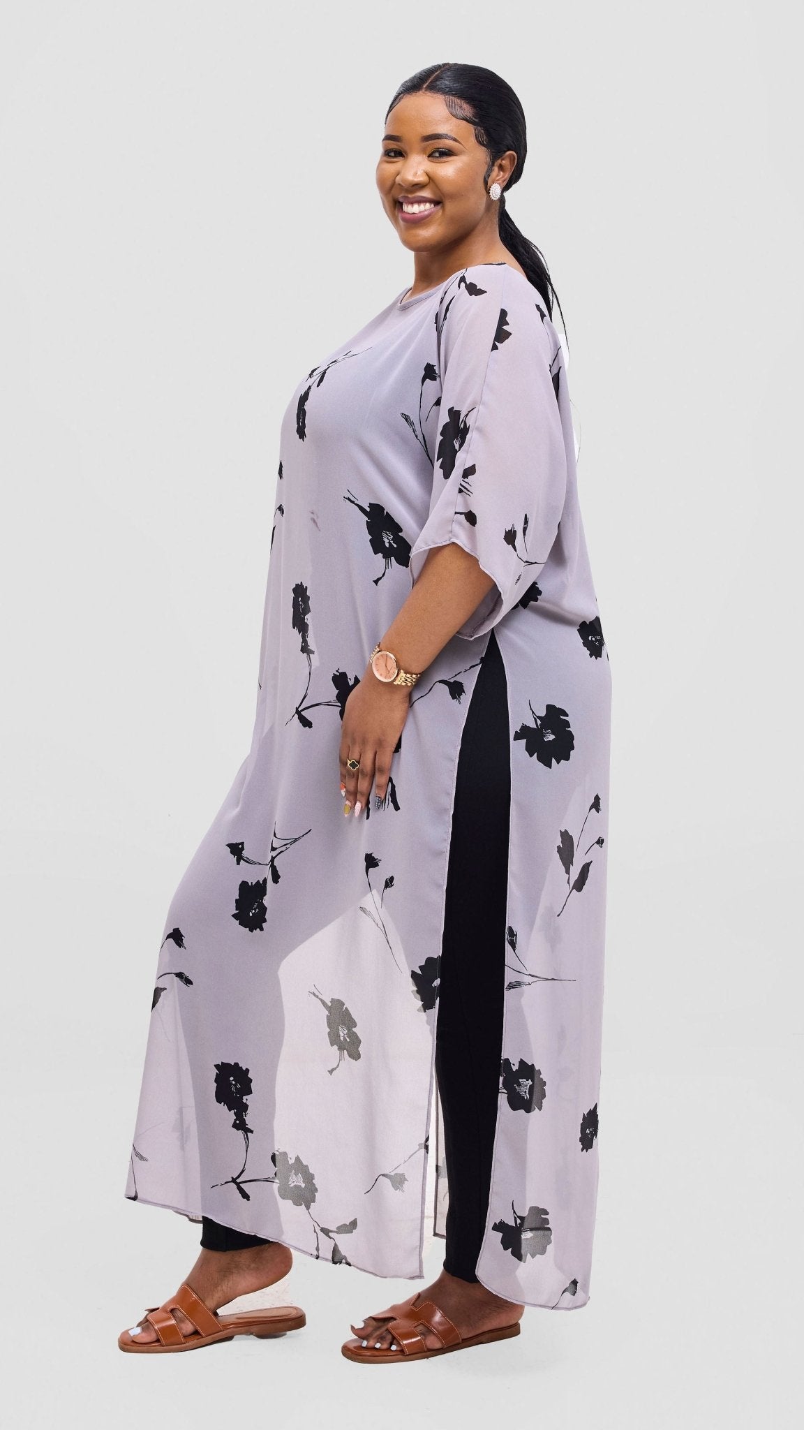 Vivo Lani Maxi Top - Grey / Black Print - Shopzetu