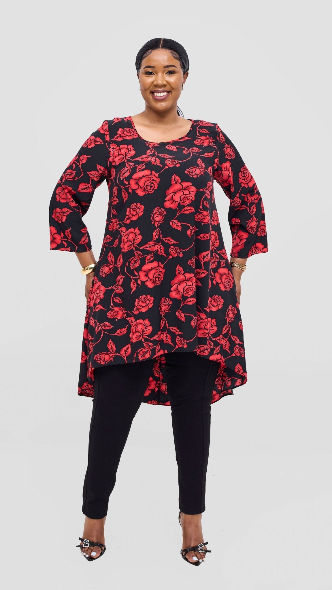 Vivo Maisha 3/4 Sleeve High Low Top - Red / Black Print - Shopzetu